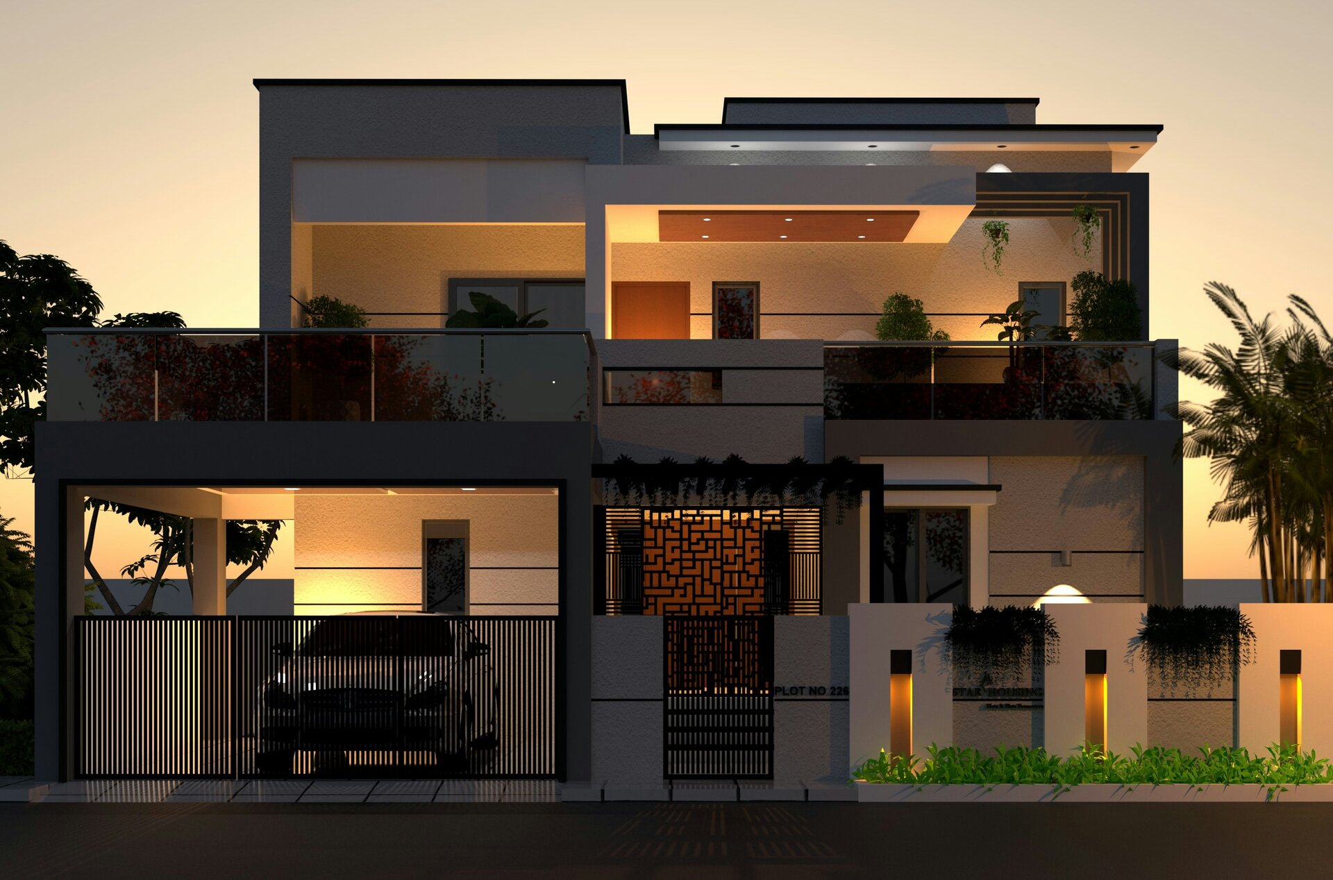Modern residence at dusk